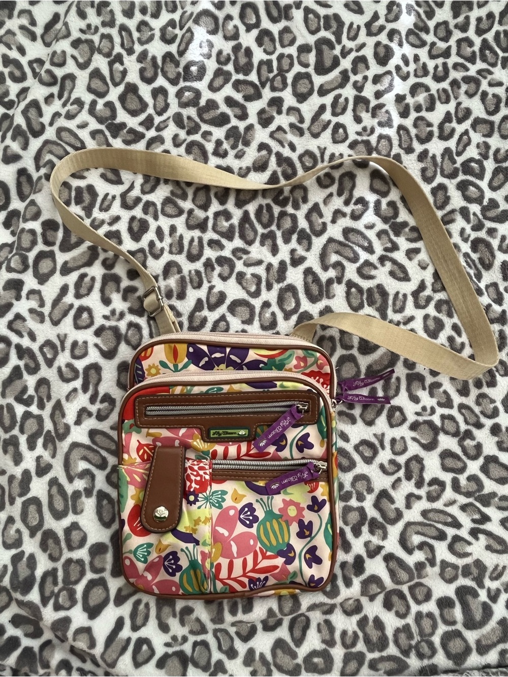 Lily Bloom Floral Mini Crossbody in Multicolor with Tan Trim